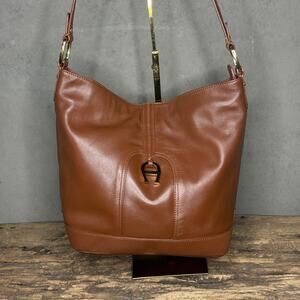 Etienne Aigner Cognac Brown Leather Hobo Shoulder Bag Gold A Hardware Medallion